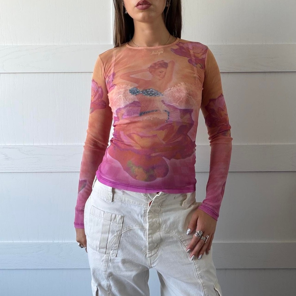 Vintage Y2K Silhouette Rhinestone Pin-Up Mesh Top